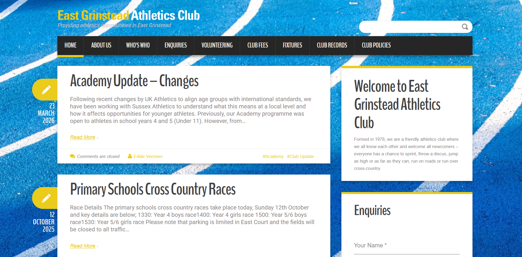 East Grinstead Athletics Club website screenshot